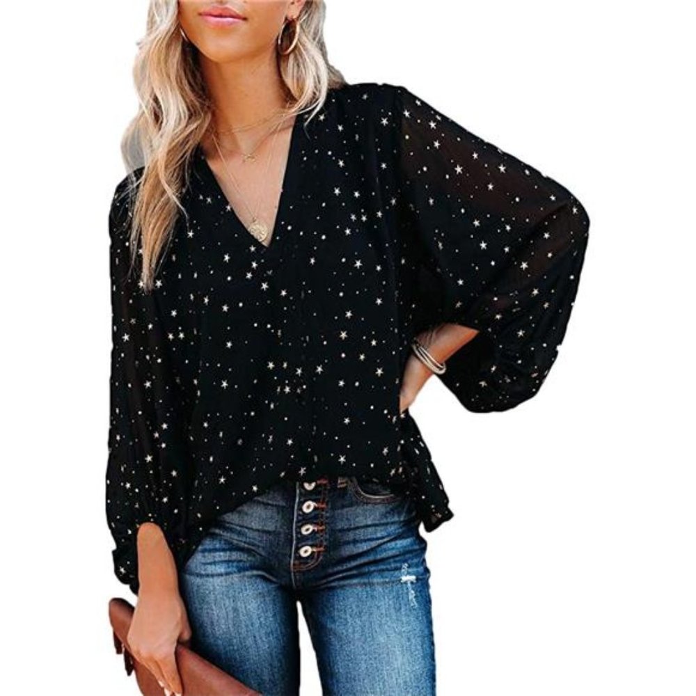 Womens V Neck Chiffon Blouses Casual Balloon Sleeve Floral Print Shirts Tops